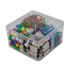 Includes 18 binder clips, 100 paper clips, 100 map pins and 100 rubber bands